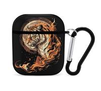 Tiger in Flames Moon - Custodia protettiva rigida compatibile con AirPods 1 e 2, con portachiavi
