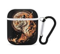 Tiger in Flames Moon - Custodia protettiva rigida compatibile con AirPods 1 e 2, con portachiavi