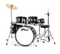 TIGER JDS14-BK Batteria per ragazzi 5 pezzi, con rullante, tom, basso, pedale, piatti, Hi-Hat, bacchette e sgabello - colore nero