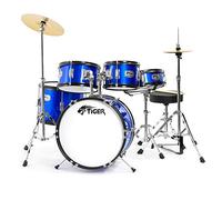 TIGER JDS14-BL - Batteria 5 pezzi per ragazzi, con sgabello, bacchette e chiave per accordatura - garanzia 2 anni inclusa. Colore blu