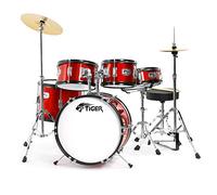 TIGER JDS14-RD - Batteria per ragazzi 5 pezzi, con rullante, tom, basso, pedale, Hi-Hat, piatti crash, bacchette e sgabello - colore rosso