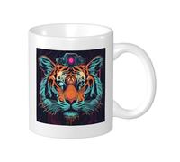 Tiger - Set di 1 tazza di stampa scienza e tecnologia estetica, motivo: animali, linee artistiche, fresco, blu, nero, ceramica, peso leggero, collezione salotto esterno, ufficio, fondo piatto con