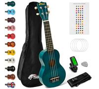 Tiger UKEKIT-TB Kit Ukulele Soprano - Ideale per Principianti e Bambini - Accordatore, Tracolla, Custodia, Adesivi per Note, Plettro in Feltro, Corde di Ricambio, con Corde Aquila Montate - Petrolio