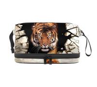 Tiger Walk from Destroyed Wall - Beauty case a doppio strato, per donne e ragazze, borsa da viaggio per trucchi, pratica borsa organizer con scomparto per pennelli, Multi, 27x15x14 cm/10.6x5.9x5.5 in,