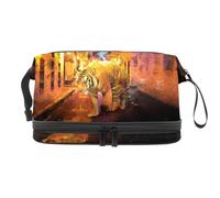 Tiger Walking in Night Street - Trousse a doppio strato, per donne e ragazze, borsa da viaggio per trucchi e trucchi, con scomparto per pennelli, Multi, 27x15x14 cm/10.6x5.9x5.5 in, Beauty case