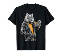 Tigre che tiene la radio Music Lover Motivo Animale Opera d'arte Tigre Maglietta