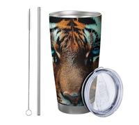 Tigre con coperchio bicchiere Set di 1 animali selvatici Fiore Fresco Artistico Bello Estetico Foglie Pianta arancione nero Isolato Caldo e Freddo No Spill Yard Outdoor Picnic palestra Tazza da caffè