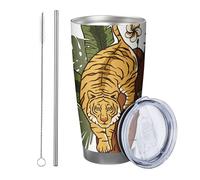 Tigre con coperchio bicchiere Set di 1 astratto animali modello pianta in legno foglie fiori disegni artistici giallo verde isolato metallo lattina raffreddamento No Spill ufficio club dormitorio