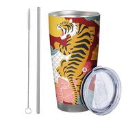 Tigre con coperchio e bicchiere di paglia Modello Animali del fumetto Nuvola Fiore Fan Grafica Geometrica rosso giallo blu Isolato Caldo e freddo No Spill Yard Outdoor Picnic palestra Tazza da caffè