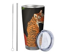 Tigre con coperchio e cannuccia bicchiere carino animali modello astratto artistico botanico floreale foglie arancione rosso verde metallo può raffreddare No Spill scuola college ufficio all'aperto