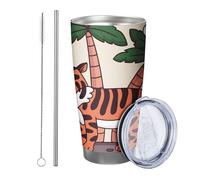 Tigre con coperchio e cannuccia, motivo a banana, nuvola, pianta, animale, cartoon verde e arancione, in metallo inox, caldo e freddo, per ufficio, esterno, dormitorio, caffetteria