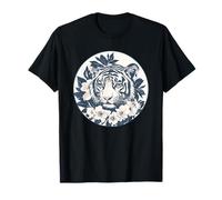 Tigre Con Elementi Floreali Testa Nature Art Maglietta