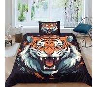 Tigre feroce Microfibra Copripiumino Lenzuola Letto Motivo Per Bambini Adulto Set Biancheria,Matrimoniale Con 2 Pezzi Animale selvaggio Copripiumino,Anti-acaro Facile Da Curare Single（135x200cm）