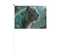 Tigre in piedi in una foresta mistica piccole bandiere tenute in mano, mini bandiere su bastone per feste, attività di squadra, parate, decorazione per le vacanze, confezione da 10