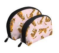 Tigri Carini Animali Da Circo Su Sfondo Rosa, Borsa per trucco a conchiglia Portamonete da donna Borsa da toilette piccola Borsa per cosmetici 2 pezzi