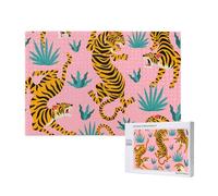 Tigri che ballano su una stampa animalier rosa, asiatica, oro, arancione e nera,Puzzle in legno da 1000 pezzi per famiglie, puzzle per adulti e adolescenti