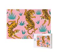 Tigri che ballano su una stampa animalier rosa, asiatica, oro, arancione e nera,Puzzle in legno da 300 pezzi per famiglie, per adulti e adolescenti, decorazioni per la casa