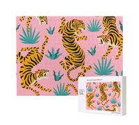 Tigri che ballano su una stampa animalier rosa, asiatica, oro, arancione e nera,Puzzle in legno da 500 pezzi, gioco di famiglia, puzzle per adulti e adolescenti, decorazioni per la casa