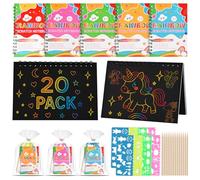 Tigvio 20 Libri Scratch Art Bambini Kit Disegno, Fogli Arcobaleno da Grattare Lavoretti Creativi con 20 Matite e 20 Stencil Scratch Sacchetti Regalo Gadget per Regalini Fine Festa Compleanno Bambini
