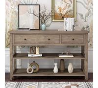 Tiiiopkvvv Consolle in legno in stile vintage con gambe e e gambe massicce, tavolo da ingresso con 3 cassetti e 2 ripiani aperti, 120 cm di larghezza x 40 cm di profondità x 75 cm di altezza, bianco
