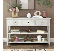 Tiiiopkvvv Consolle in legno in stile vintage con gambe e e gambe solide, tavolo da ingresso con 3 cassetti e 2 ripiani aperti, 120 cm di larghezza x 40 cm di profondità x 75 cm di altezza, bianco