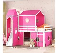Tiiiopkvvv Letto a castello con scivolo, tenda e torre, stile di vita rurale, design castello simile a un letto in legno, non richiede molle, 238,3 x 145,8 x 190 cm (lunghezza x larghezza x altezza