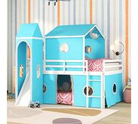 Tiiiopkvvv Letto a castello con scivolo, tenda e torre, stile di vita rurale, design castello simile a un letto in legno, non richiede molle, 238,3 x 145,8 x 190 cm (lunghezza x larghezza x altezza