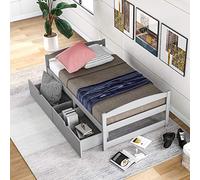 Tiiiopkvvv Letto matrimoniale a piattaforma con 2 cassetti portaoggetti sotto il legno, con testiera e pediera, senza bisogno di molle, facile da montare (grigio), antiscivolo (grigio doppio)