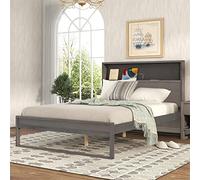 Tiiiopkvvv Piattaforma letto a piattaforma in legno massello con testiera portaoggetti, prese e porte USB/Nessuna molla necessaria/senza rumore/facile da montare (grigio antico), antiscivolo (grigio