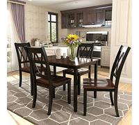 Tiiiopkvvv Set da pranzo da cucina in legno, 5 pezzi, tavolo rettangolare con 4 sedie dal design ergonomico, gambe in legno massello, impermeabili, protezioni antiscivolo (bianco+ciliegio) (nero+