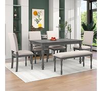 Tiiiopkvvv Set di tavolo da pranzo in legno, 6 pezzi, un tavolo rettangolare con gambe tornite, 4 sedie imbottite e una panca imbottita per sala da pranzo/soggiorno (grigio)