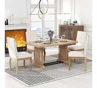 Tiiiopkvvv Set di tavolo da pranzo rettangolare in legno con tubi in ferro, 5 pezzi, 4 sedie imbottite con decorazione a chiodo, ideale per cucina, sala da pranzo (lavaggio legno naturale)