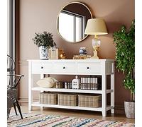 Tiiiopkvvv Tavolo consolle con 3 cassetti superiori e 2 ripiani aperti, in legno stile retrò, tavoli da ingresso e credenze, 127 x 40,6 x 76,2 cm (lunghezza x larghezza x altezza) (bianco antico)