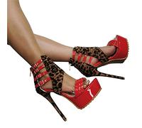 TIKENBST Tacchi Donna Sandali con Tacco Alto 16 Cm con Plateau Impermeabile Stampa Leopardata Scava Fuori Sandali alla Moda di Grandi Dimensioni,Red-45