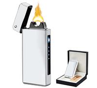 TIKIUKI Accendino Elettrico Accendino Ricaricabile Accendino Al Plasma Accendino Candele Accendini Antivento Accendino a Fiamma Grande Con Indicatore Di Batteria Per Il Campeggio All'aperto (Argento)