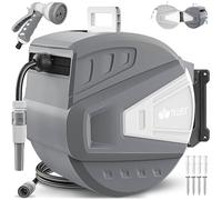 tillvex Avvolgitubo acqua con supporto da parete + maniglia per il trasporto, avvolgitubo con doccetta e tubo da giardino, girevole a 180°, scatola tubolare da parete con avvolgimento automatico