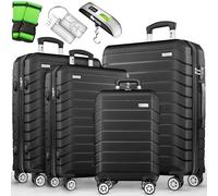 tillvex® Set 4 valigie rigide S-M-L-XL + bilancia, 4 cinghie e 4 etichette bagagli | Valigia da viaggio leggera con 4 ruote piroettanti | Guscio rigido in ABS con lucchetto TSA (Nero)