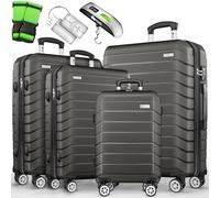 tillvex® Set 4 valigie rigide S-M-L-XL + bilancia, 4 cinghie e 4 etichette bagagli | Valigia da viaggio leggera con 4 ruote piroettanti | Guscio rigido in ABS con lucchetto TSA (Grigio/Antracite)