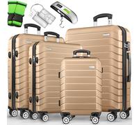 tillvex® Set 4 valigie rigide S-M-L-XL + bilancia, 4 cinghie e 4 etichette bagagli | Valigia da viaggio leggera con 4 ruote piroettanti | Guscio rigido in ABS con lucchetto TSA (Champagne)