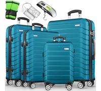 tillvex® Set 4 valigie rigide S-M-L-XL + bilancia, 4 cinghie e 4 etichette bagagli | Valigia da viaggio leggera con 4 ruote piroettanti | Guscio rigido in ABS con lucchetto TSA (Turchese)