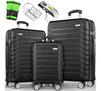 tillvex® Set di 3 valigie da viaggio + bilancia per bagagli, 3 cinghie per valigie e 3 etichette per bagagli, set da 4 ruote, trolley valigia TSA, serratura rigida M-L-XL, Nero