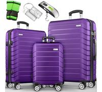 tillvex® Set di 3 valigie da viaggio + bilancia per bagagli, 3 cinghie per valigie e 3 etichette per bagagli, set da 4 ruote, trolley valigia TSA, serratura rigida M-L-XL, Viola