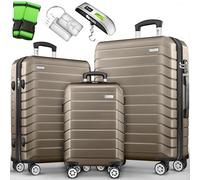 tillvex® Set di 3 valigie da viaggio + bilancia per bagagli, 3 cinghie per valigie e 3 etichette per bagagli, set da 4 ruote, trolley valigia TSA, serratura rigida M-L-XL, oro rosa