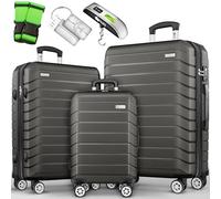 tillvex® Set di 3 valigie da viaggio + bilancia per bagagli, 3 cinghie per valigie e 3 etichette per bagagli, set da 4 ruote, trolley valigia TSA, serratura rigida M-L-XL, Grigio/antracite