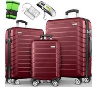 tillvex® Set di 3 valigie da viaggio + bilancia per bagagli, 3 cinghie per valigie e 3 etichette per bagagli, set da 4 ruote, trolley valigia TSA, serratura rigida M-L-XL, rosso