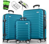 tillvex® Set di 3 valigie da viaggio + bilancia per bagagli, 3 cinghie per valigie e 3 etichette per bagagli, set da 4 ruote, trolley valigia TSA, serratura rigida M-L-XL, turchese
