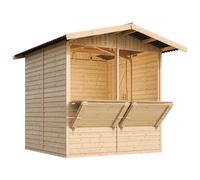 TIMBELA M149 Casa da giardino in legno - Bancarella da mercato con piano di lavoro, L253 x P263 x H232 cm / 4 m², facile da montare e smontare, bar giardino, rifugio multifunzionale