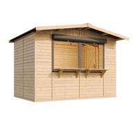 TIMBELA M150Z Casa da giardino in legno, bancarella da mercato in legno, grande supporto da venditore, con piano di lavoro, 263 x 336 cm, facile da montare e smontare, bar da giardino, capanno da
