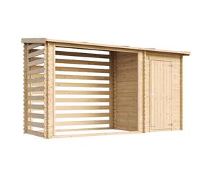 TIMBELA M205 Casetta da Giardino in Legno per Esterni con legnaia- A199x344x130 cm - 2,54 m2+1,1 m2 - Piccola Casetta in Legno, Rimessa Attrezzi, Deposito Bici