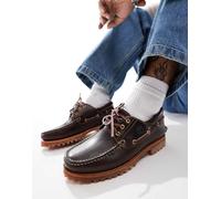 Timberland Authentics - Scarpe da barca classiche con 3 occhielli marroni in pelle pieno fiore-Brown 38